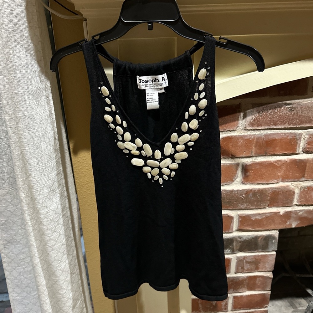 Joseph Black Tank Top with Cream Stone Embellishments